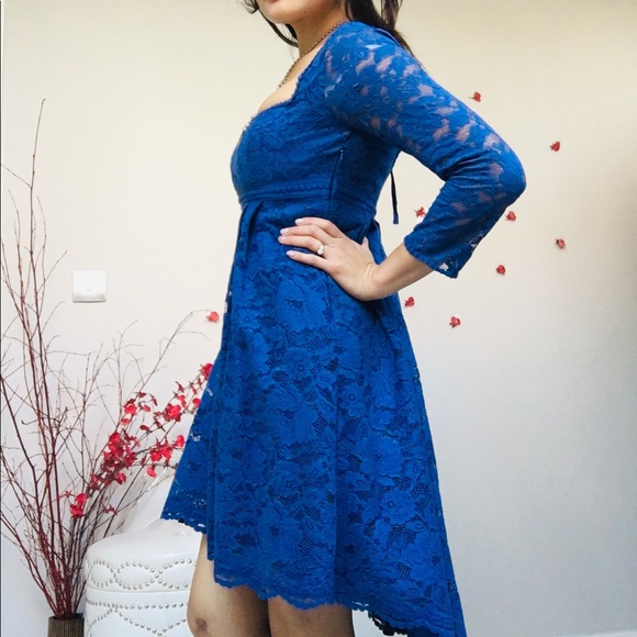 ✨Free People Royal Blue Floral Lace Empire Dress✨ - Picture 2 of 8